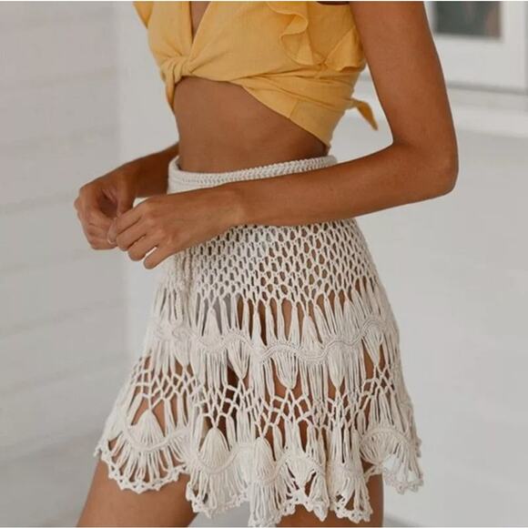 Summer Boho Crochet Mini Skirt Swimsuit Cover Women's Size 8 - Picture 4 of 14